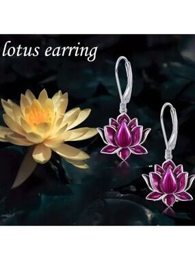 Earrings-- Lotus Flower Dangle style, Rose Red Or Blue